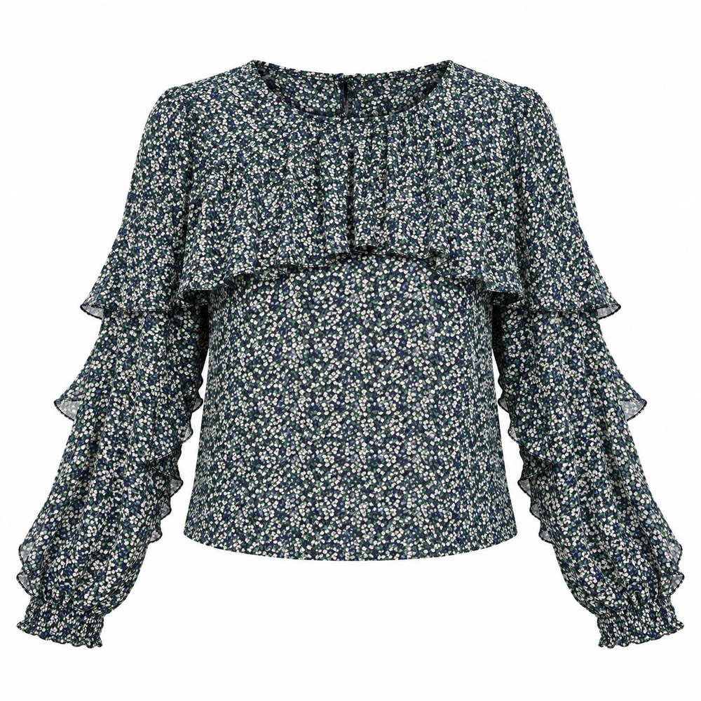 Anthropologie Sunday in Brooklyn Blouse M Blue Green Ruffle Tiered Sleeve Floral